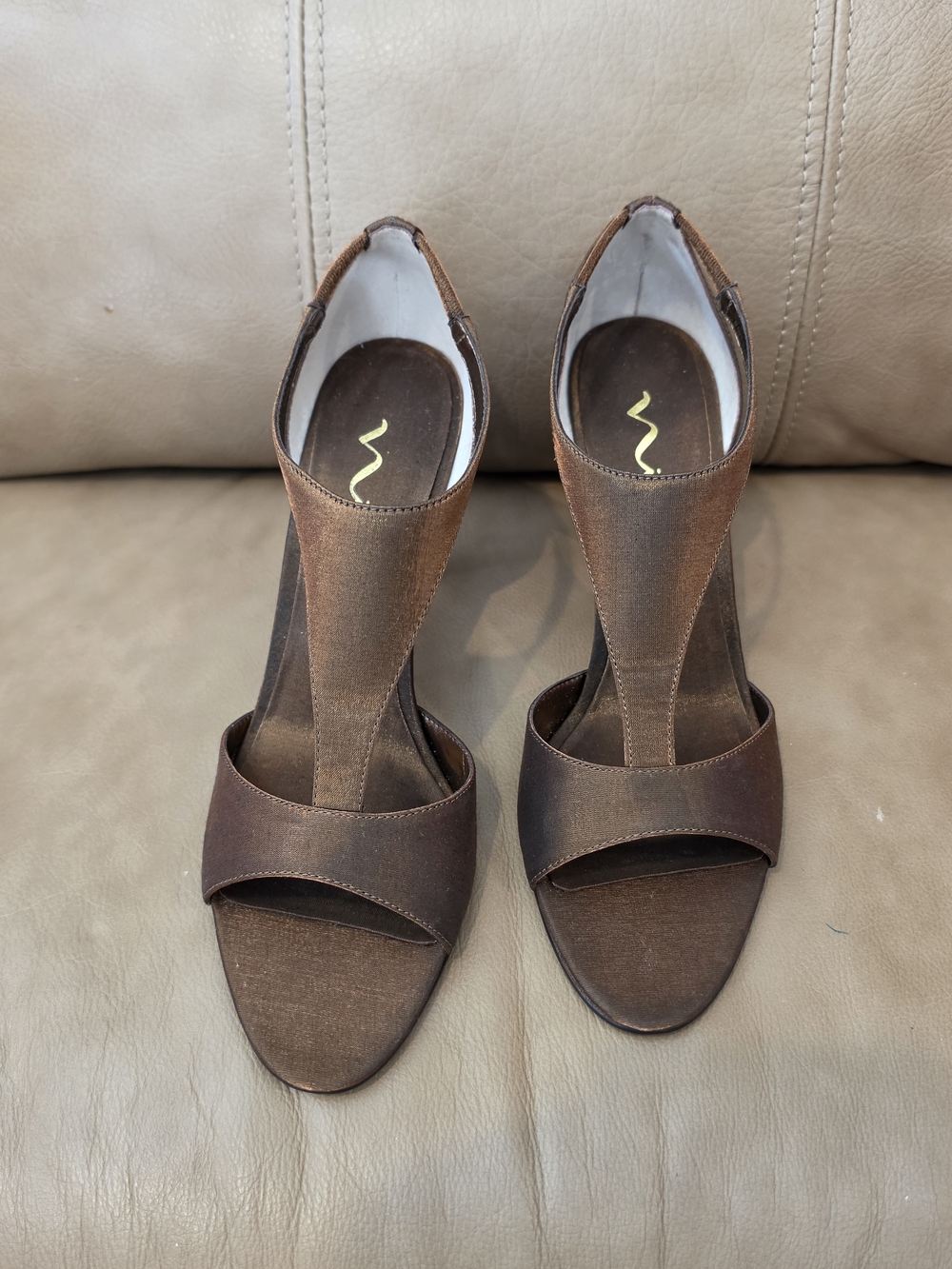 Nina Brown T-Strap Open-Toe Heels